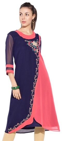 458805 Blue, Pink and Majenta  color family Kurti in Faux Georgette fabric with Machine Embroidery, Thread work .