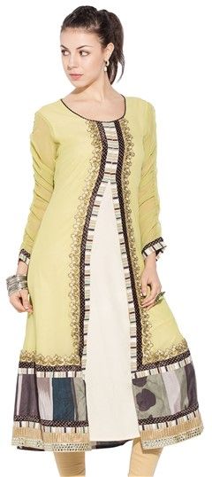 458811 Beige and Brown  color family Kurti in Faux Georgette fabric with Lace, Machine Embroidery, Thread work .