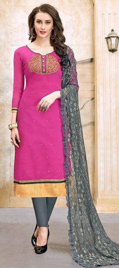 Bollywood Pink and Majenta color Salwar Kameez in Cotton fabric with Straight Embroidered, Resham, Thread, Zari work : 905799