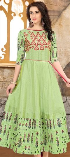 907749 Green  color family Anarkali style Kurtis in Silk fabric with Machine Embroidery,Thread,Zari work .