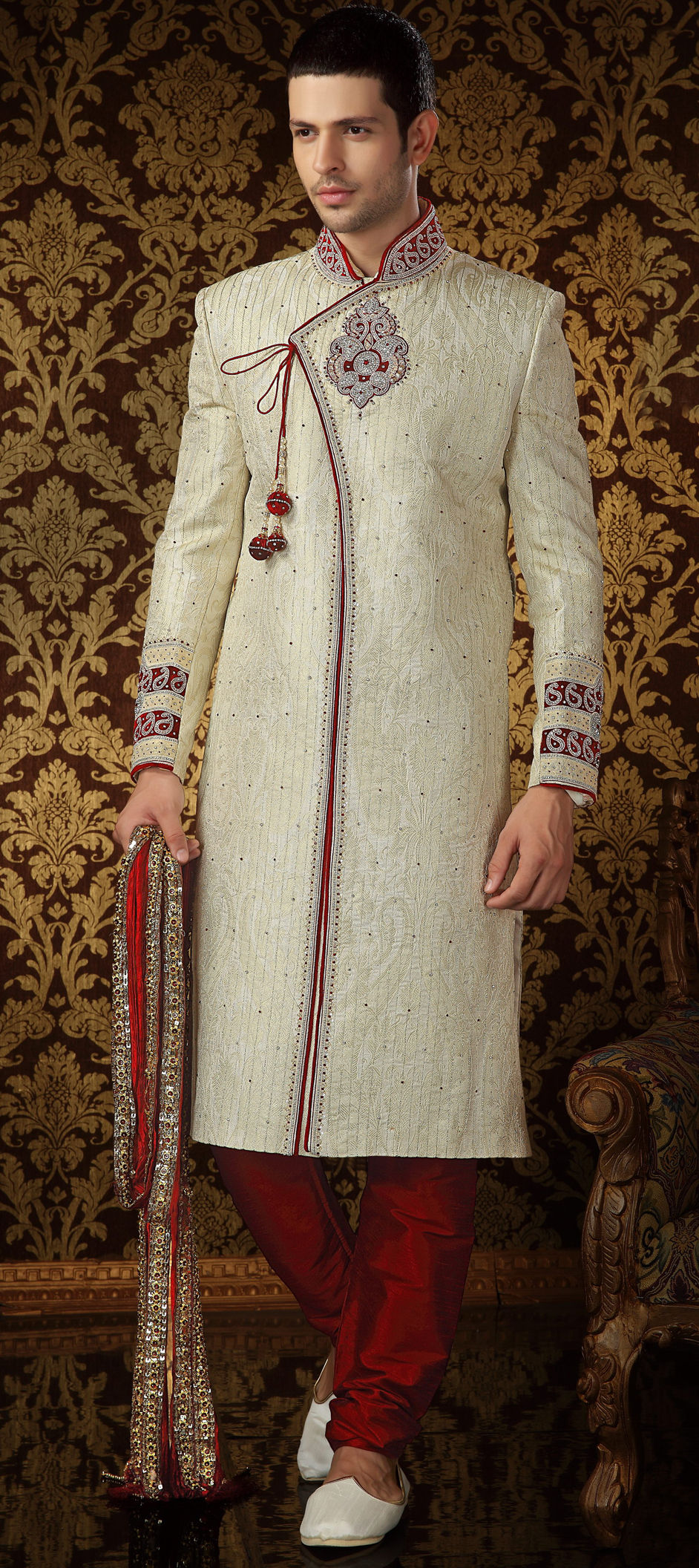 Red and Maroon, White and Off White color Jacquard fabric Sherwani