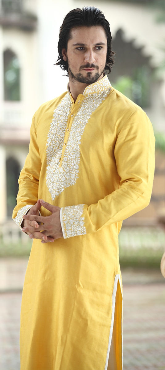 13273 Yellow color Silk cotton fabric Pathani Suit