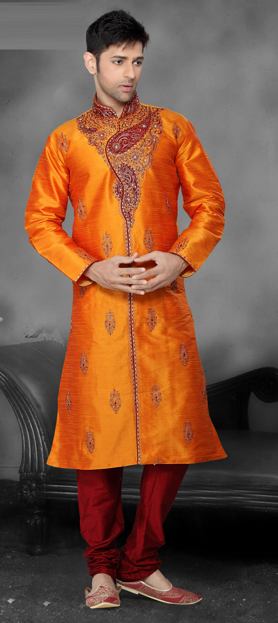 Orange Chandrakor Paithani Silk Frock & Kurta Pajama Combo main image 1