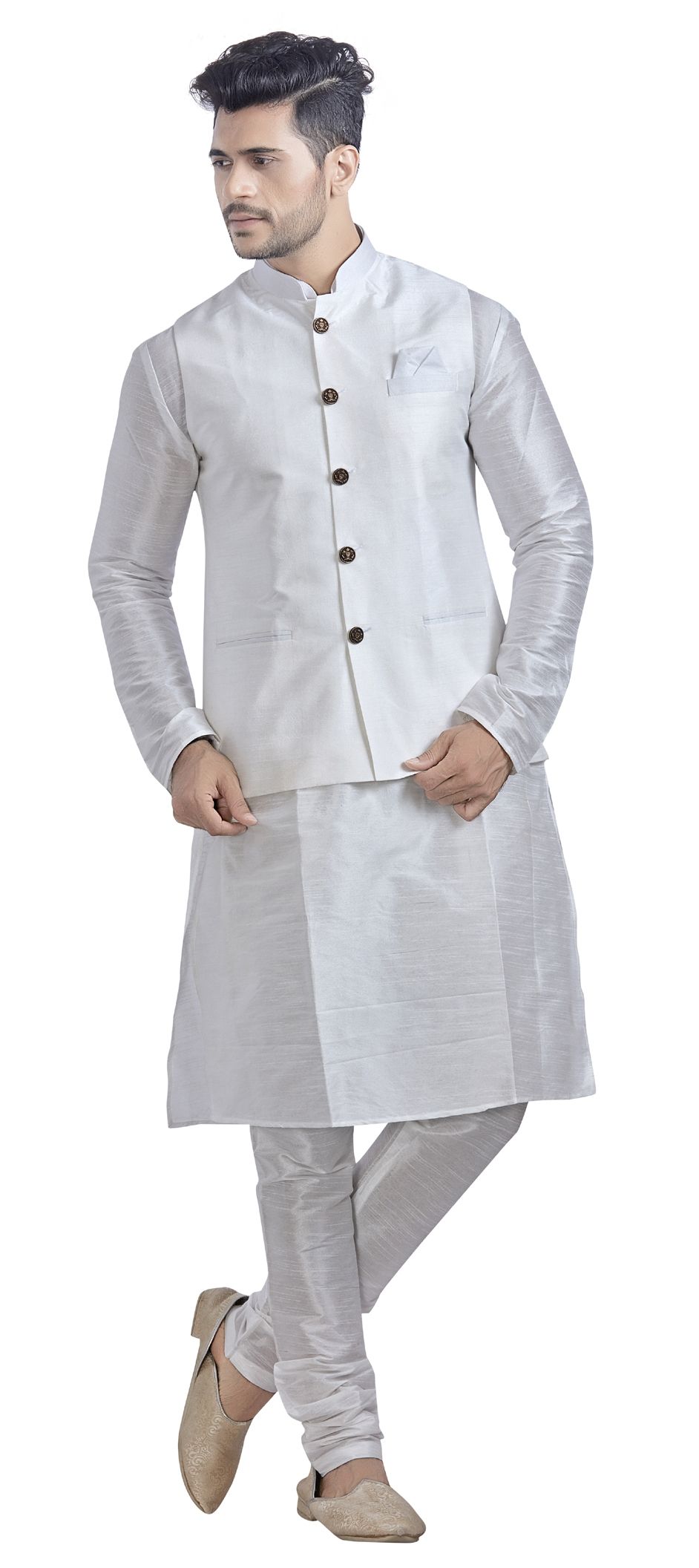 Off White Kurta with Side Knot Detail Printed Mauve Jacket and Pyjama main image 1