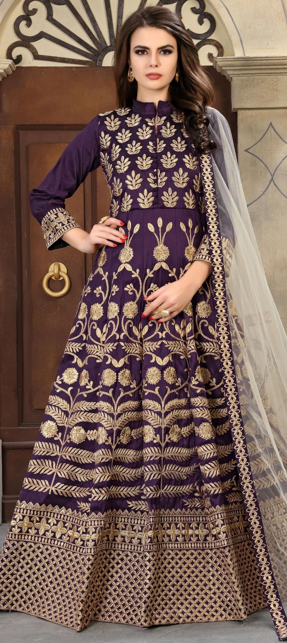 Purple Tone to Tone Embroidered Net Salwar Kameez