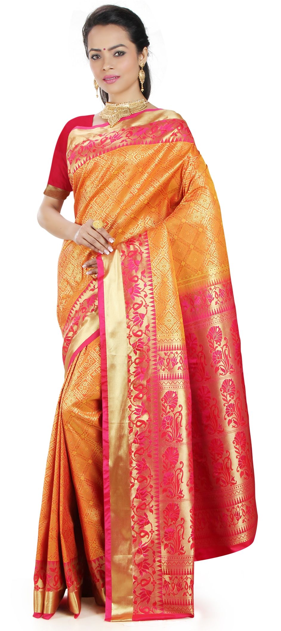 1504801 Traditional Orange color Kanjeevaram Silk fabric Sarees