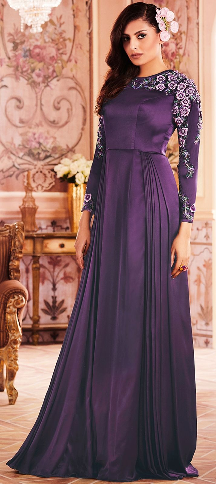 1507261 Party Wear Wedding Purple and Violet color Satin Silk fabric Gown