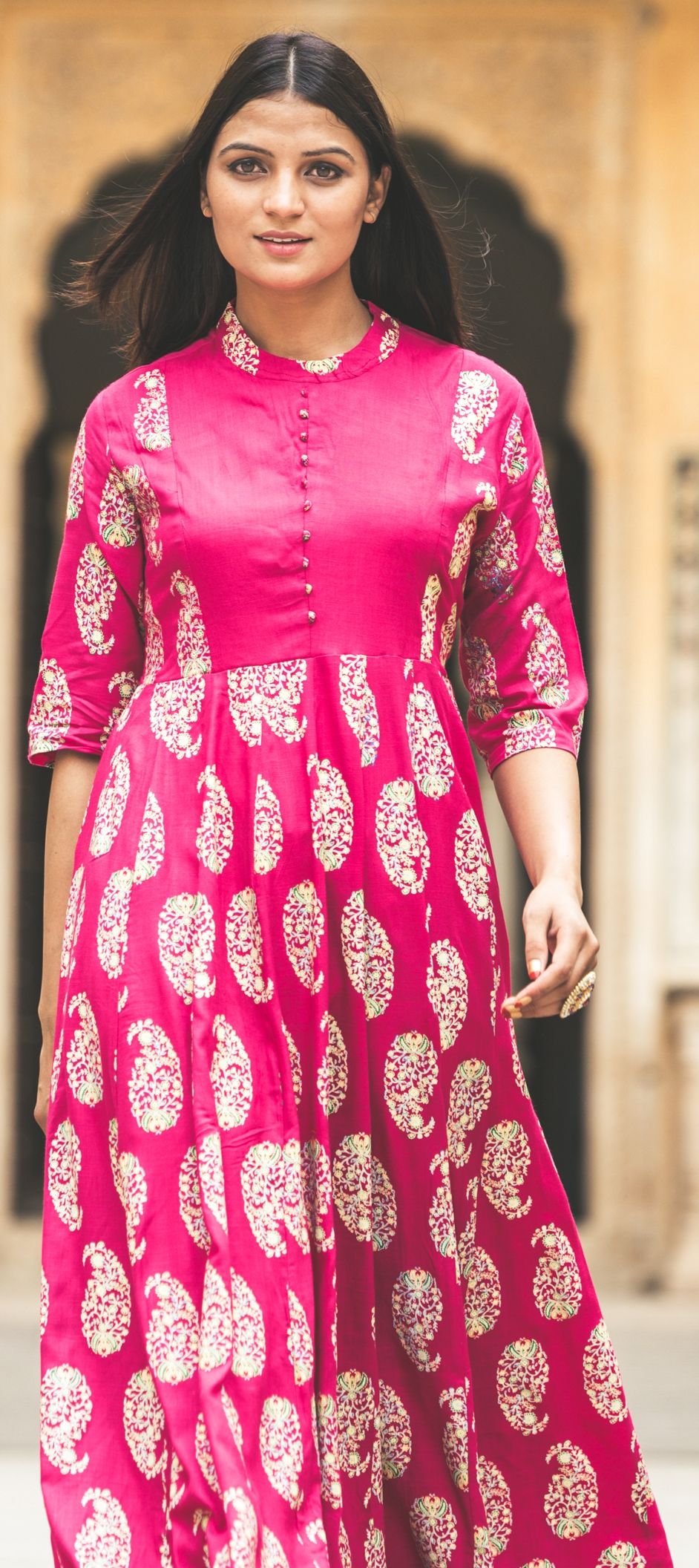 1509885 Casual Pink and Majenta color Silk cotton fabric Kurti