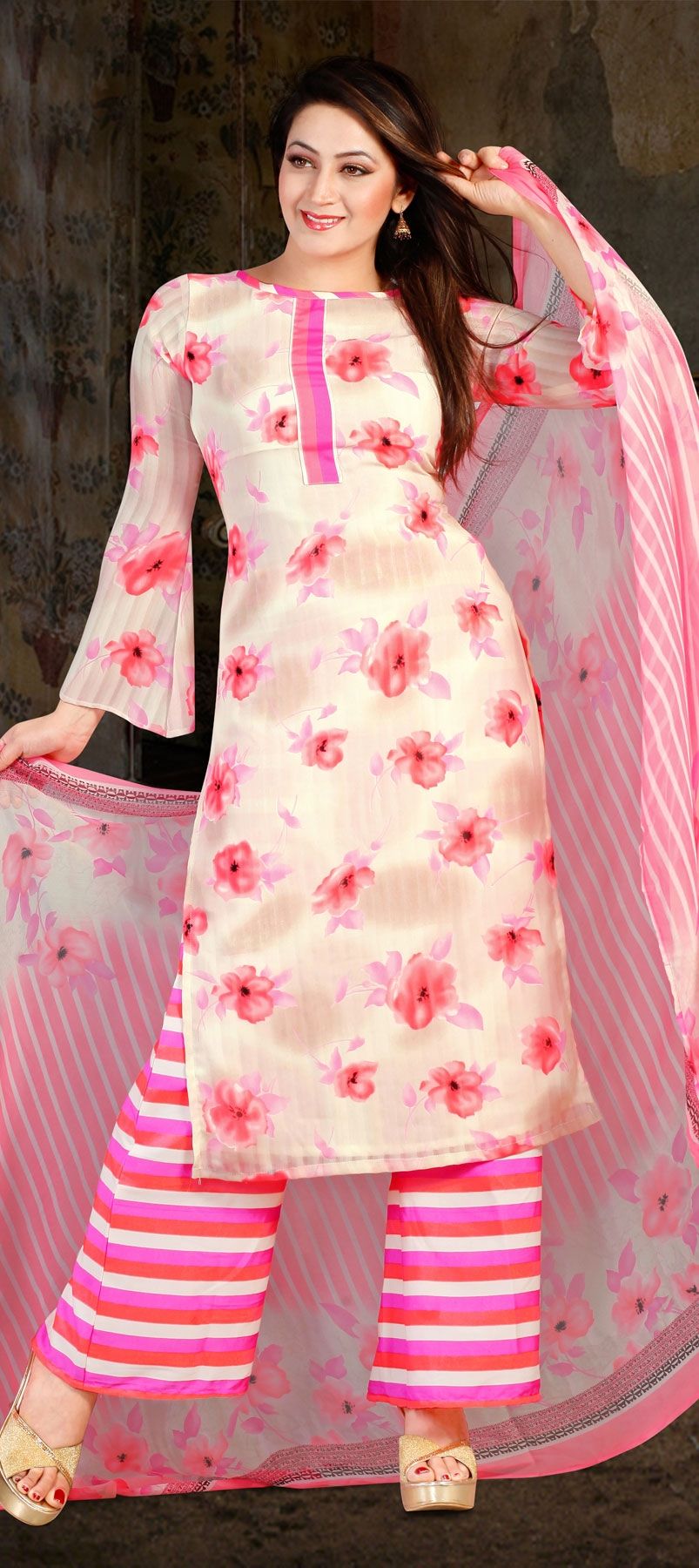 Beige Sharara style Salwar Kameez Faux Georgette main image 1