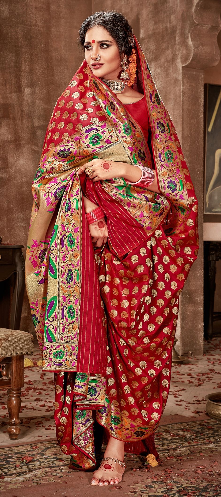 Bridal Red Woven Banarasi Silk Saree - Urban Womania
