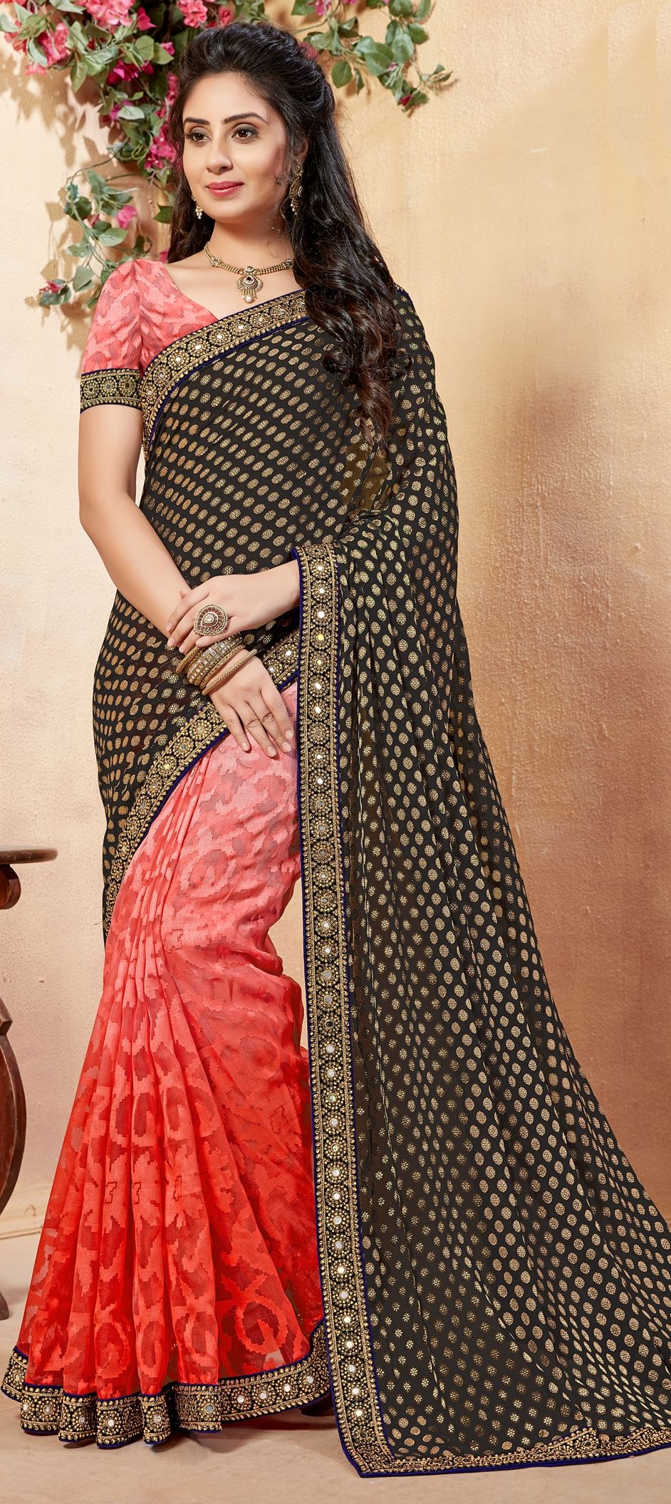 black and red party wear saree