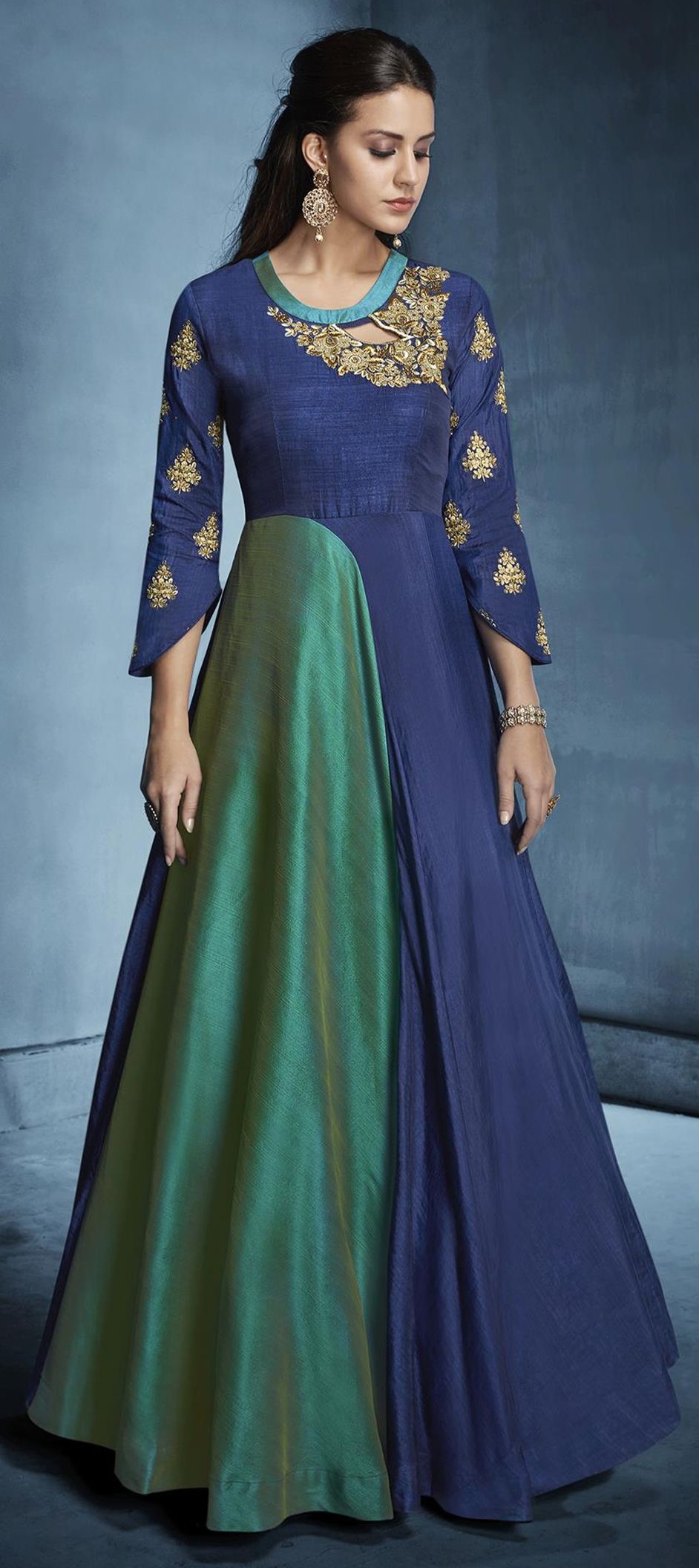 1516966: Party Wear Blue, Green color Banarasi Silk fabric Gown
