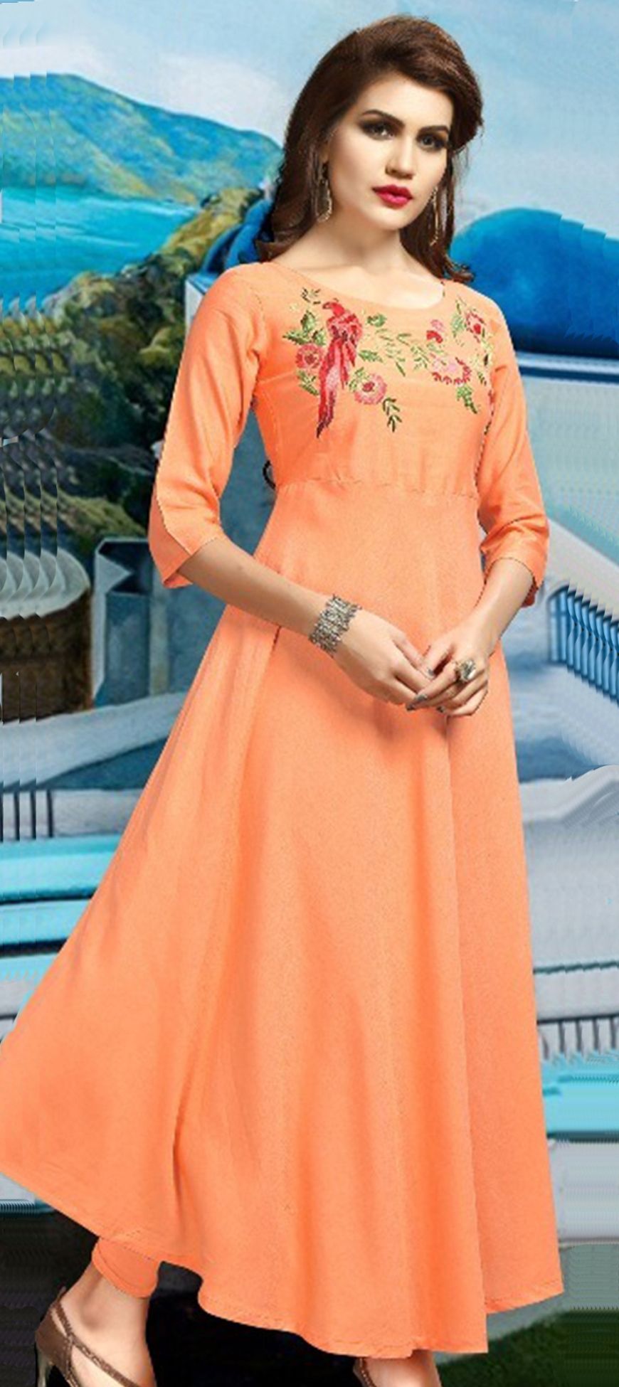 1517440 Casual Orange color Rayon fabric Kurti