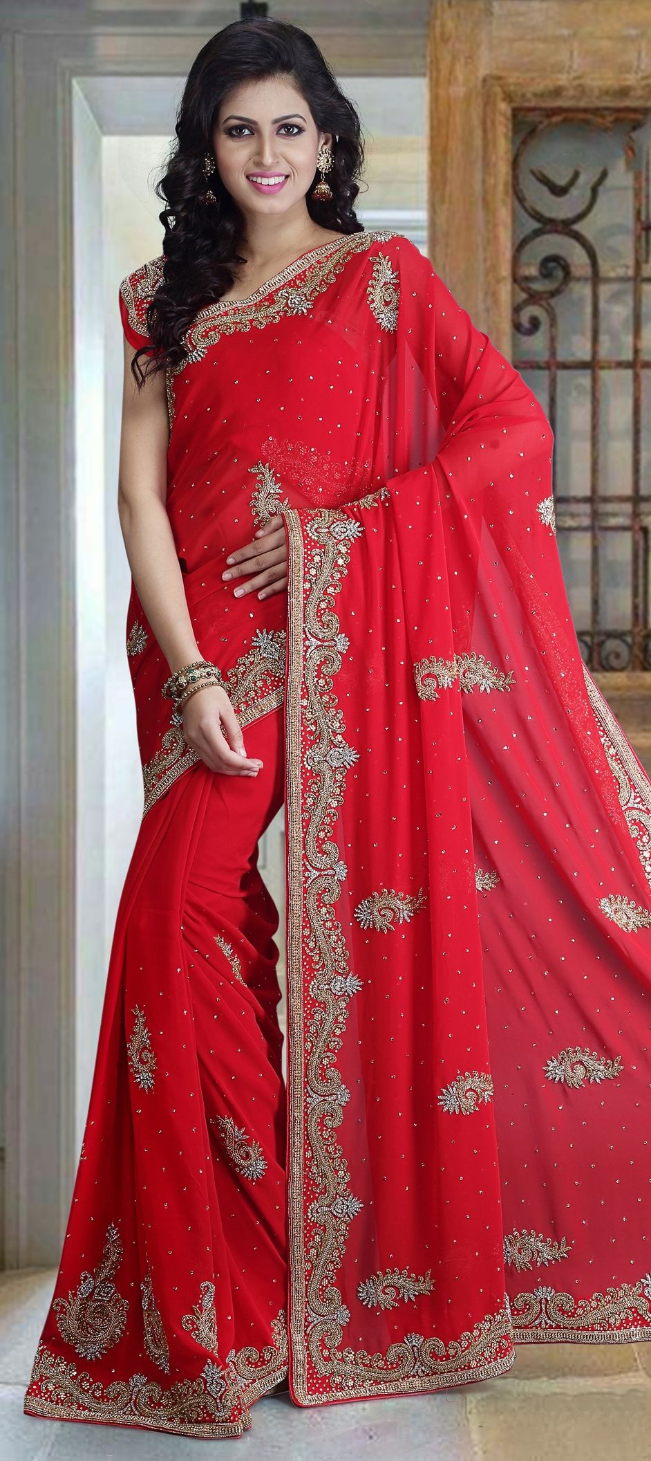 Georgette Red Stone Work Work Classic Saree | Saree designs, Fancy sarees,  Saree collection