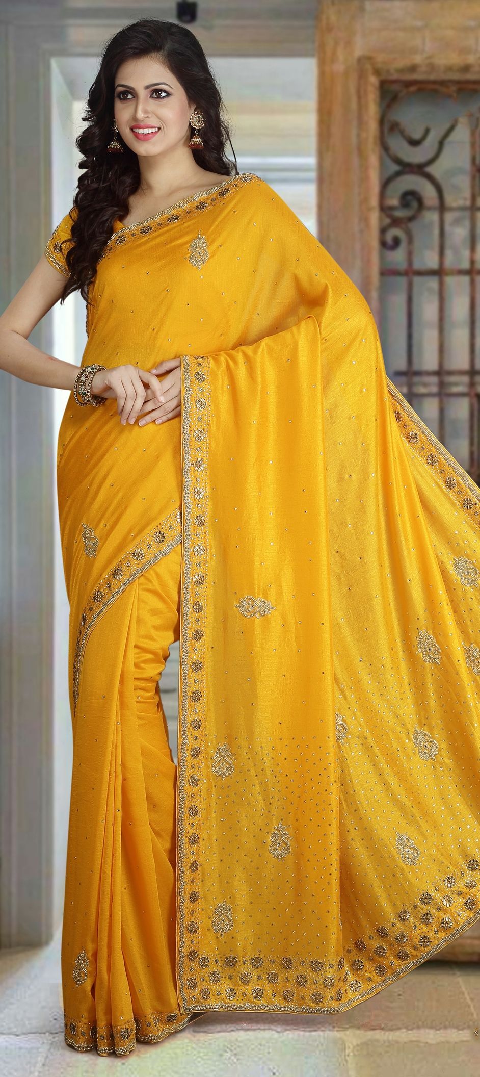 1517505 Bridal Wedding Yellow Color Georgette Fabric Saree