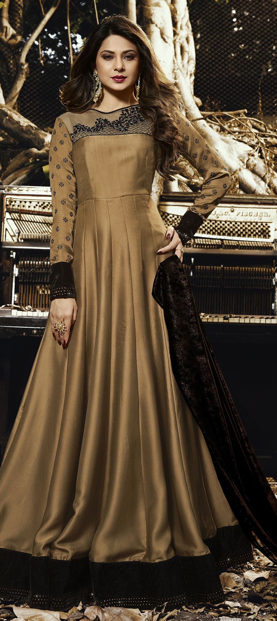 Casual Gold color Satin Silk, Velvet fabric Gown 1518367