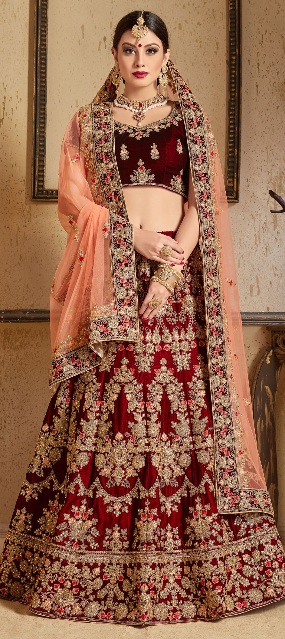 Regal Maroon Velvet Lehenga