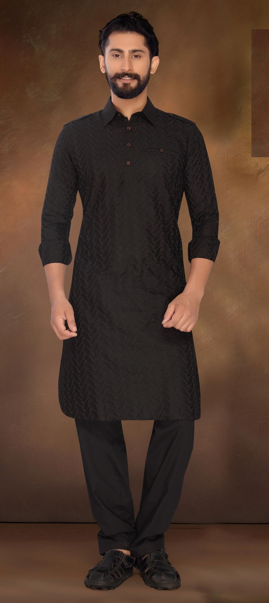 1518492: Black and Grey color Poly cotton fabric Pathani Suit