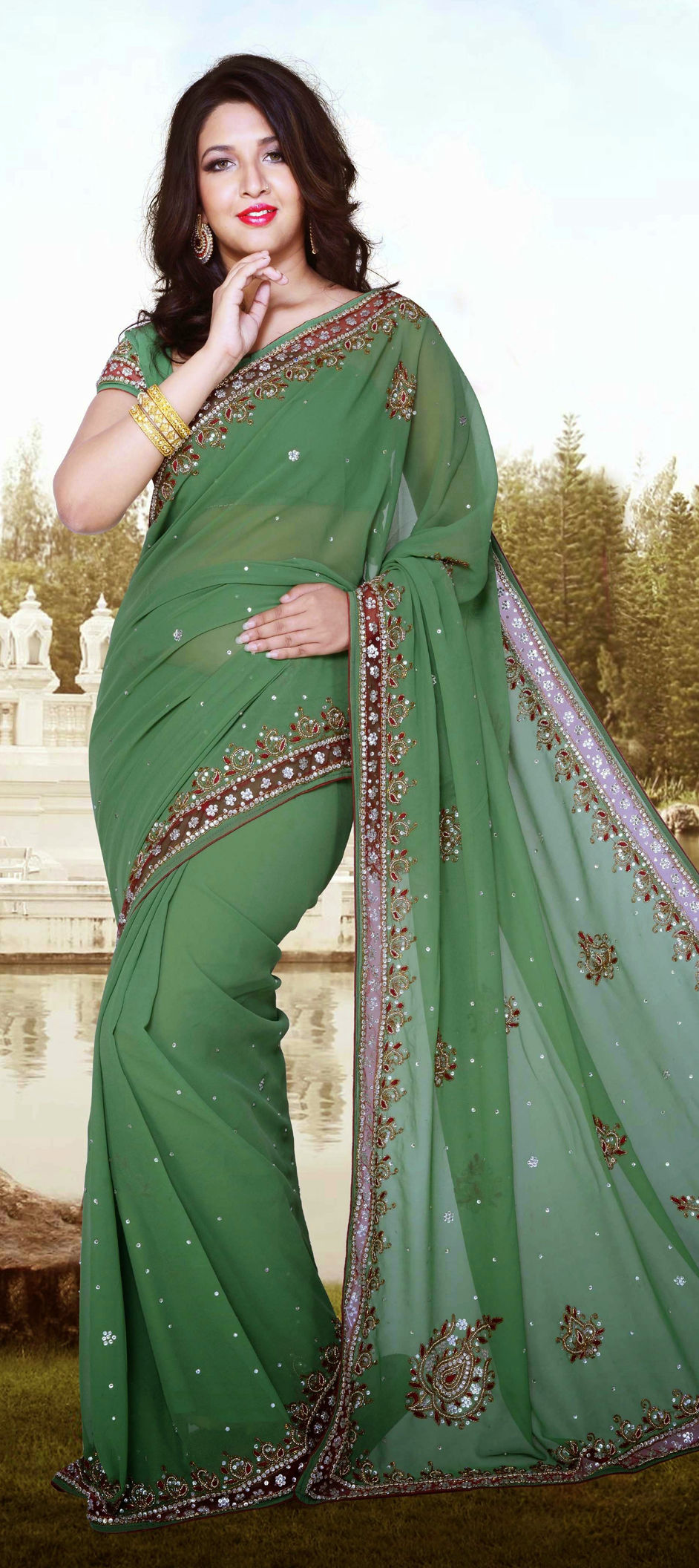 152086: Green color family Saree with matching unstitched blouse.