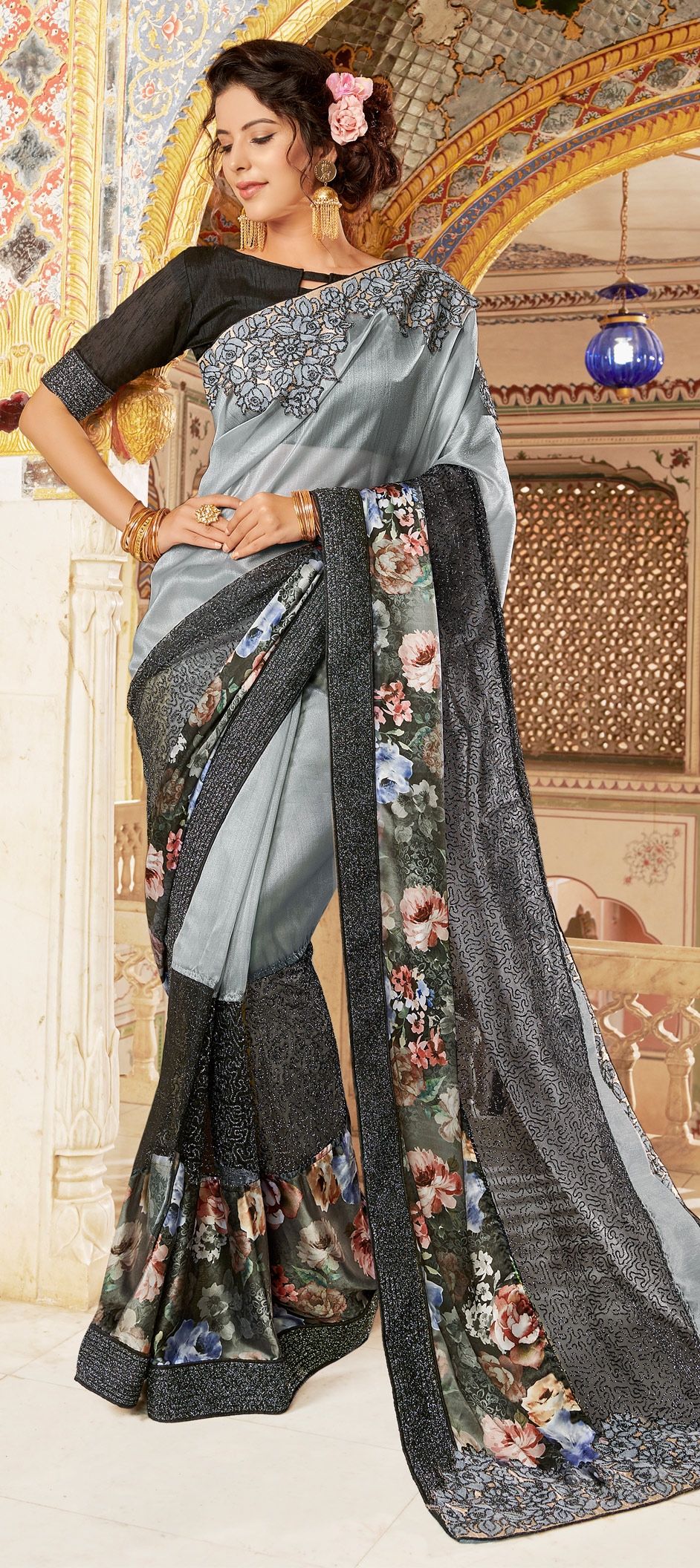 1522711 Party Wear Black and Grey color Fancy Fabric fabric Saree