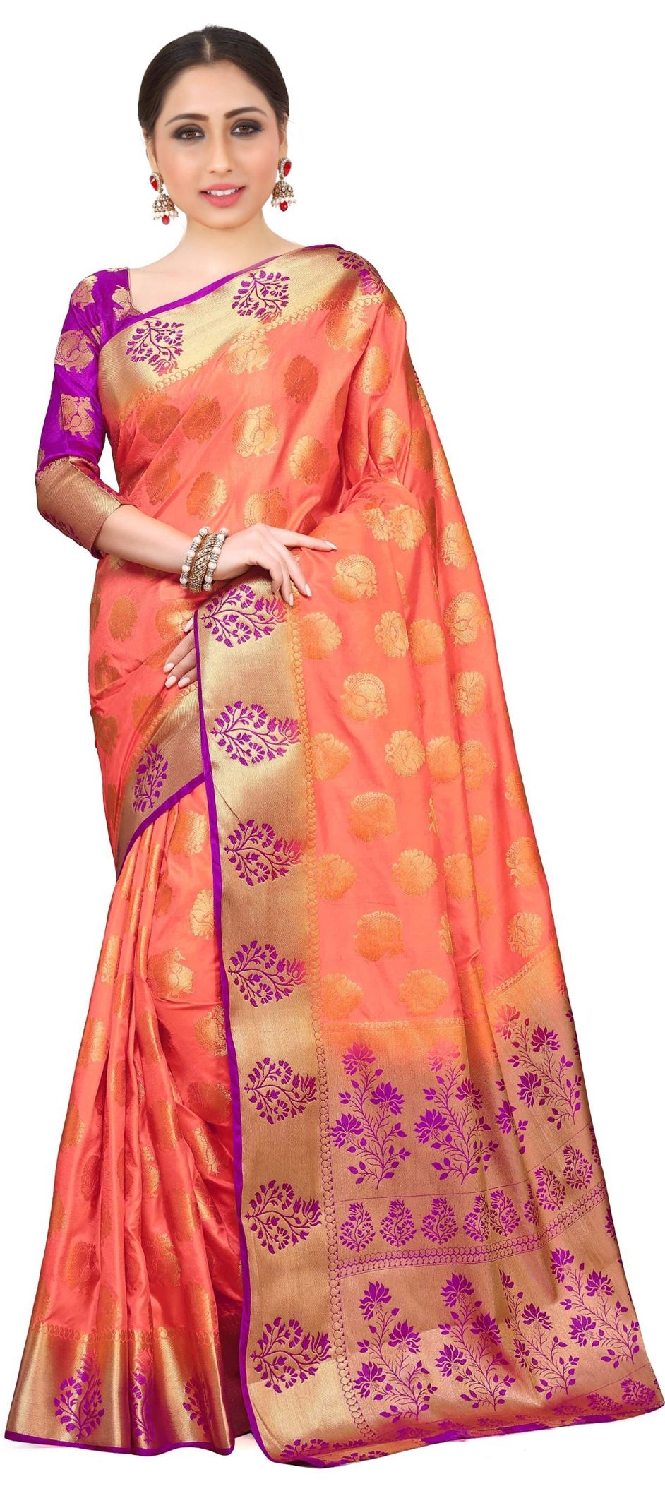 1524060 Traditional Orange color Kanjeevaram Silk, Silk fabric Saree
