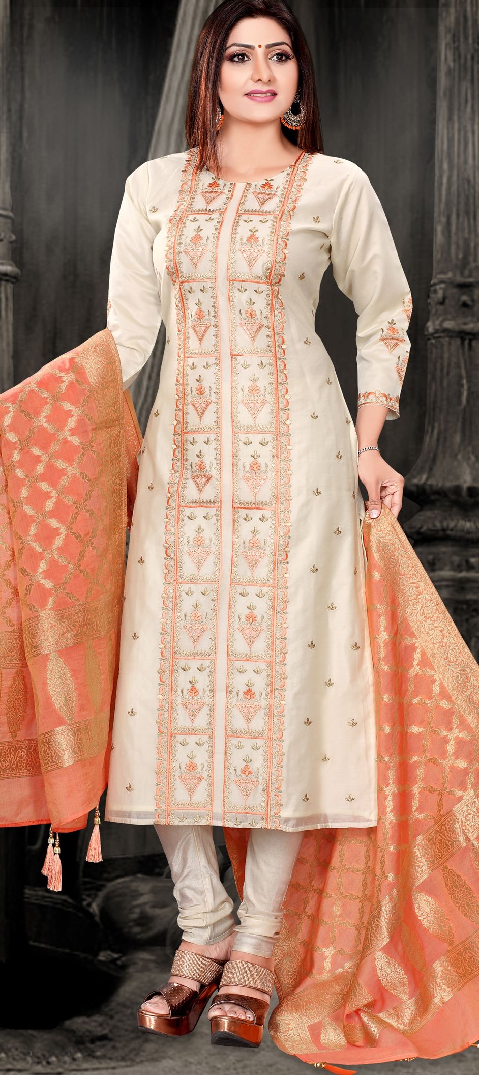 Traditional Party Wear Heavy Salwar Suit Beige Cotton Pant Straight