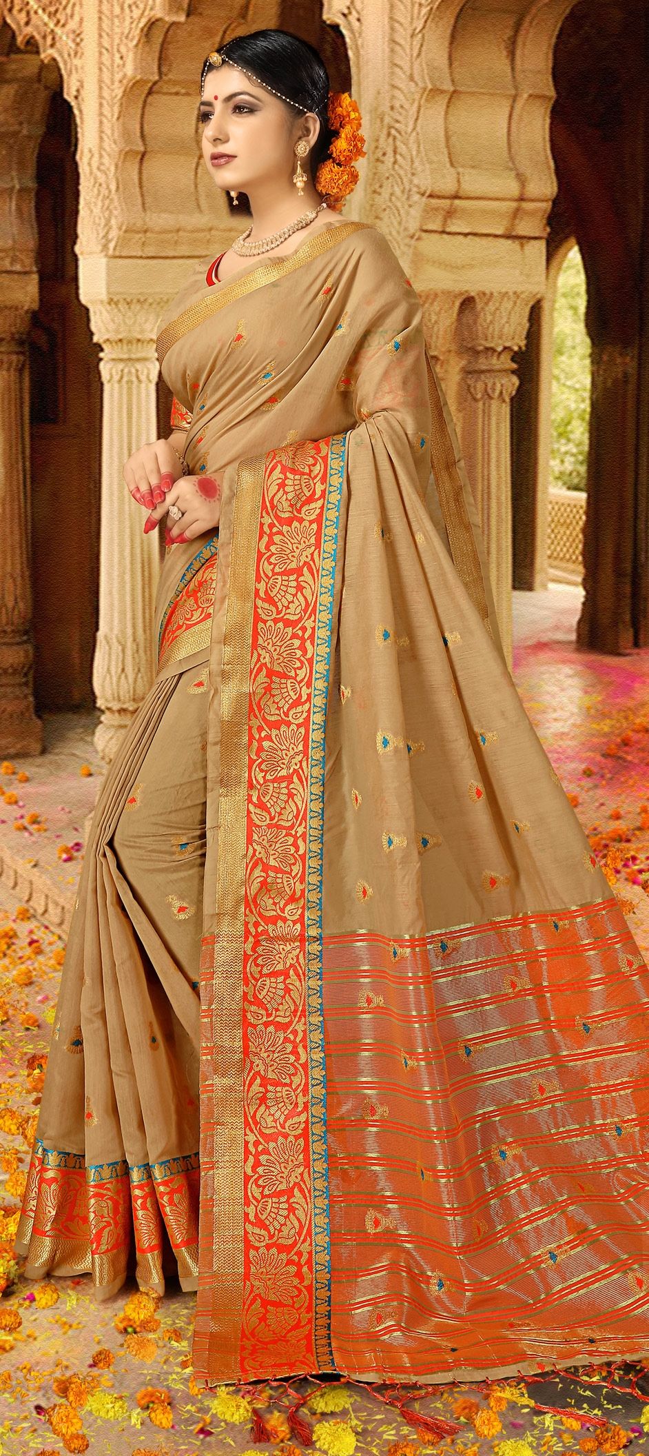 Charcoal Grey & Beige Silk Blend Saree