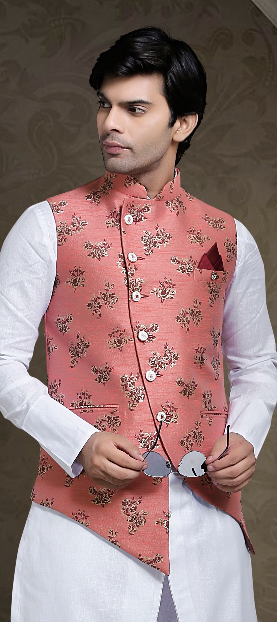 Pink and Majenta color Jacquard fabric Nehru Jacket : 1528565