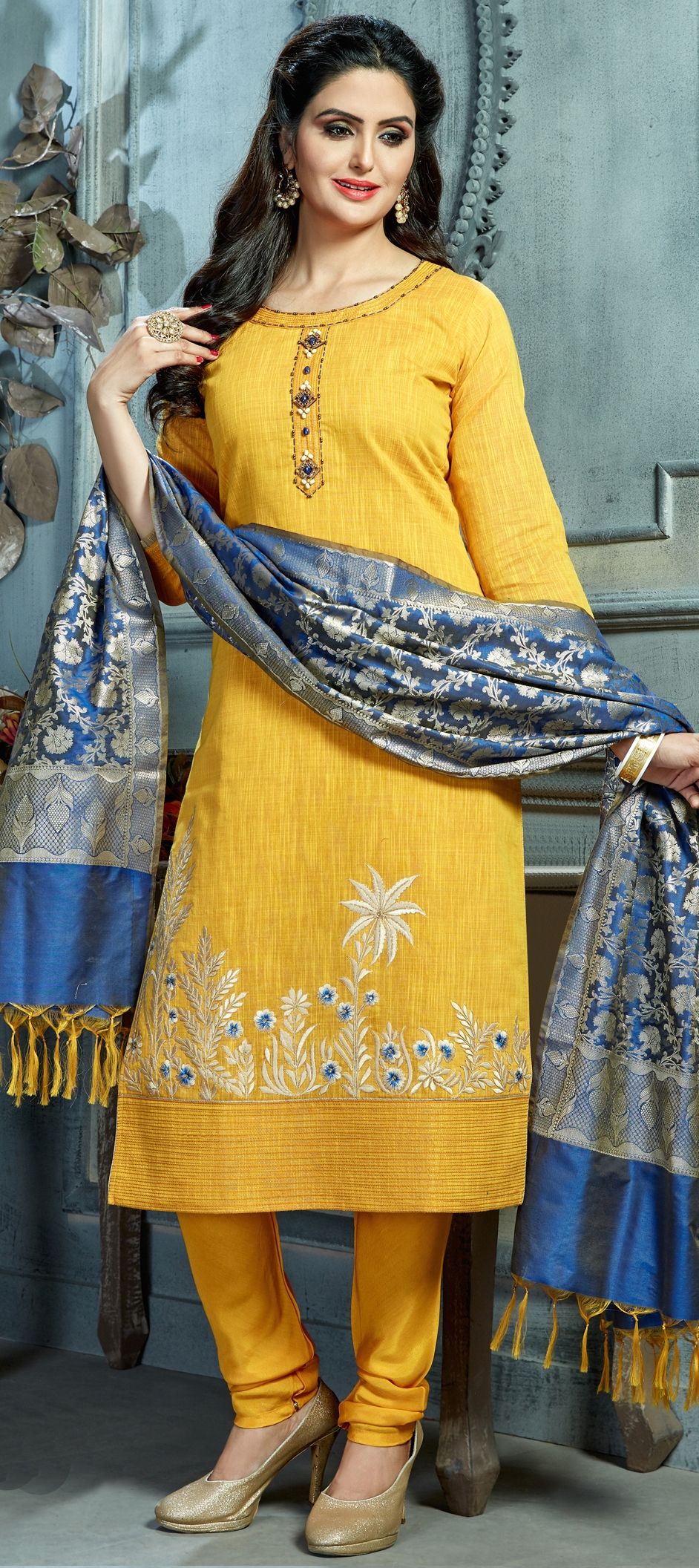 Designer Party Wear Salwar Suit Collection Yellow Modal Silk Pant Straight main image 1