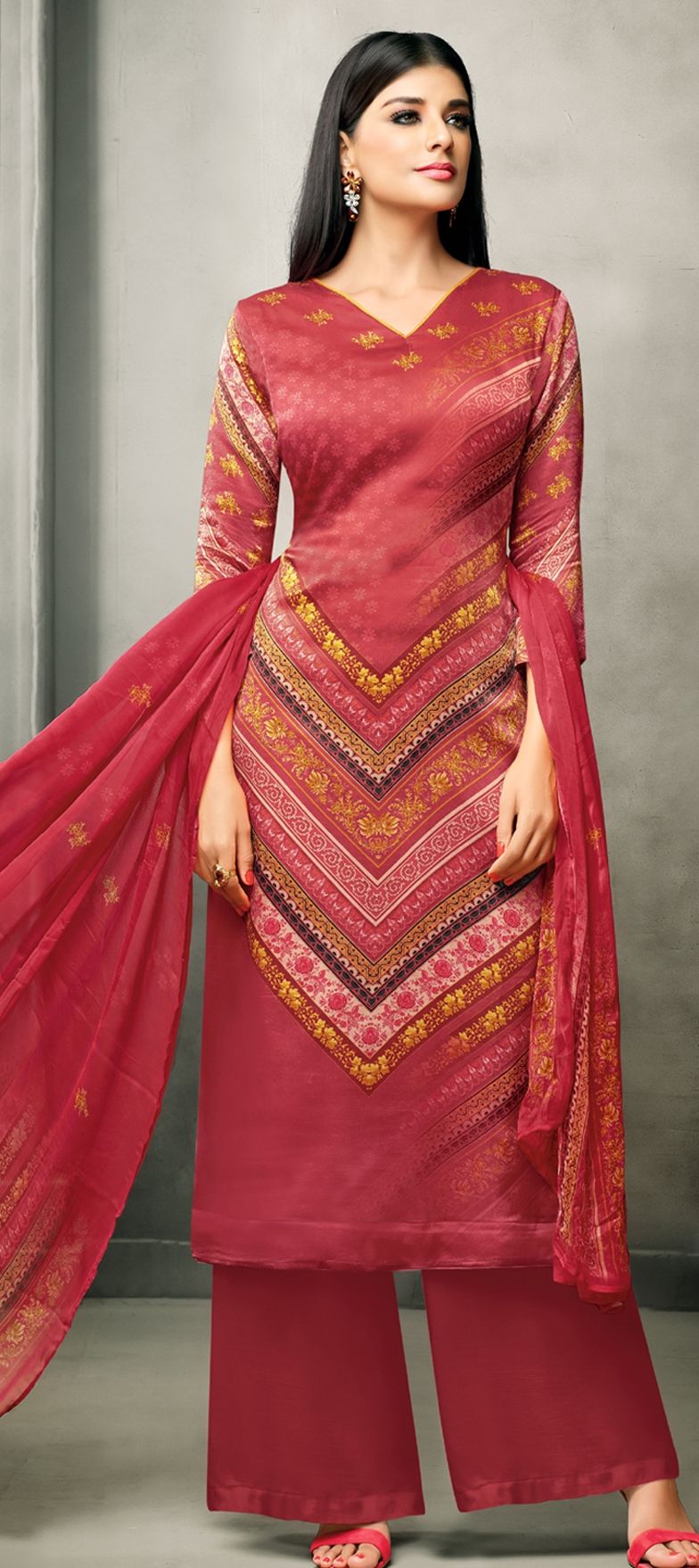 Party Wear Red And Maroon Color Satin Silk Fabric Salwar Kameez