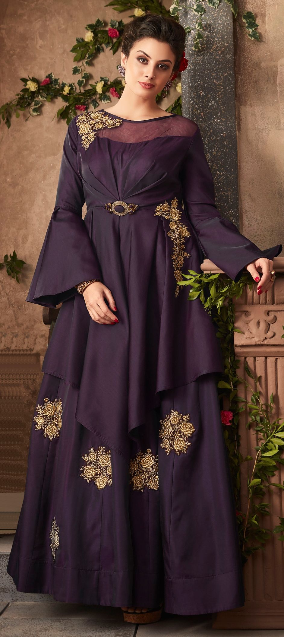 Purple Poly Silk Partywear Self Design Dresses