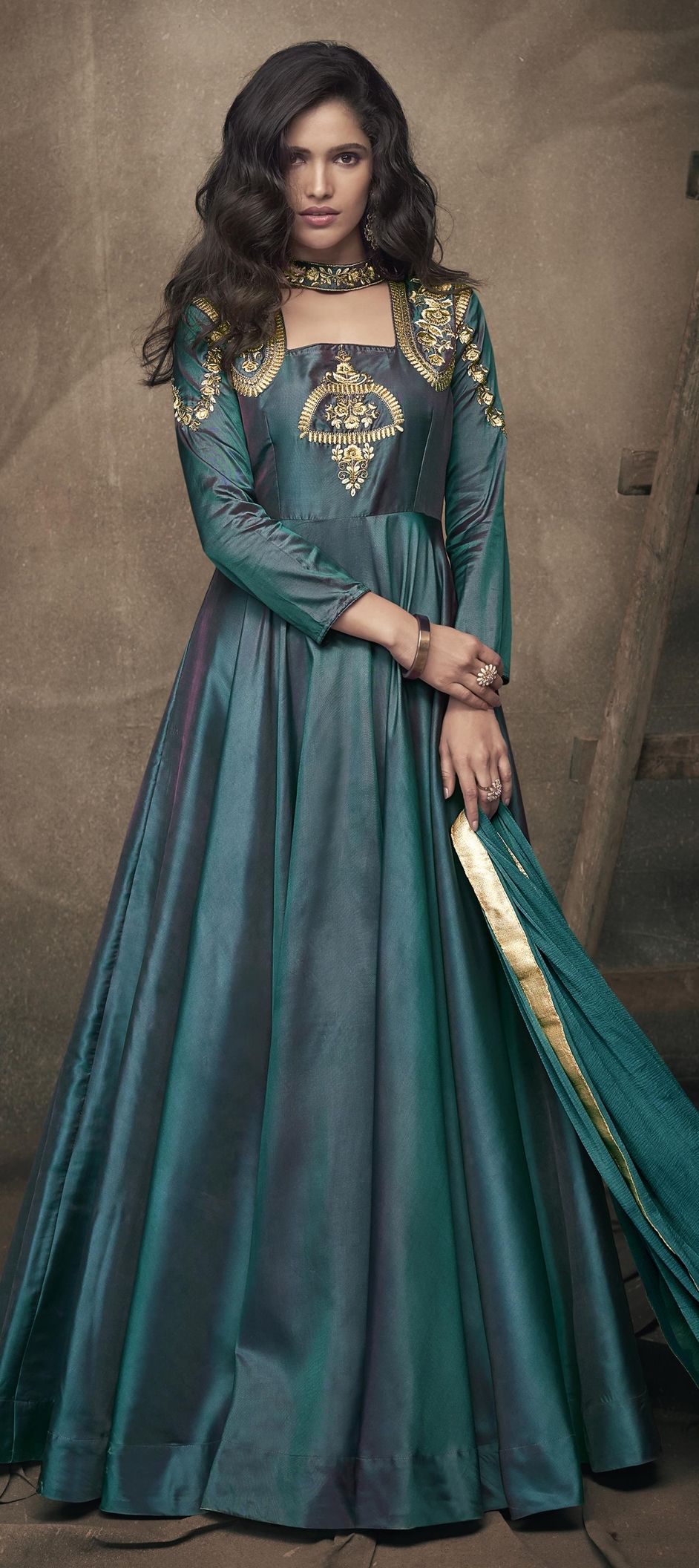 Green Designer Party Wear Gaji Silk Gown