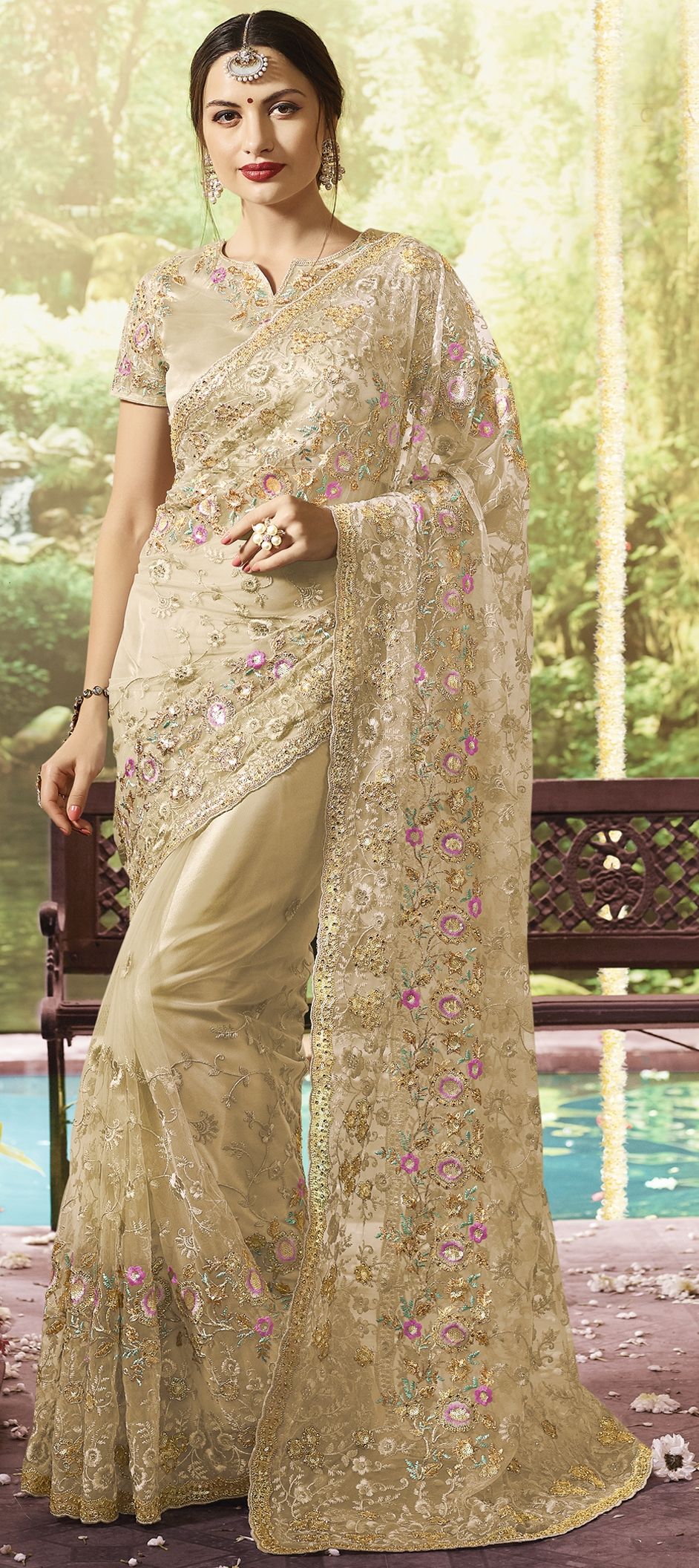 Chocolate Brown Applique Net Designer Bridal Party Wear Saree