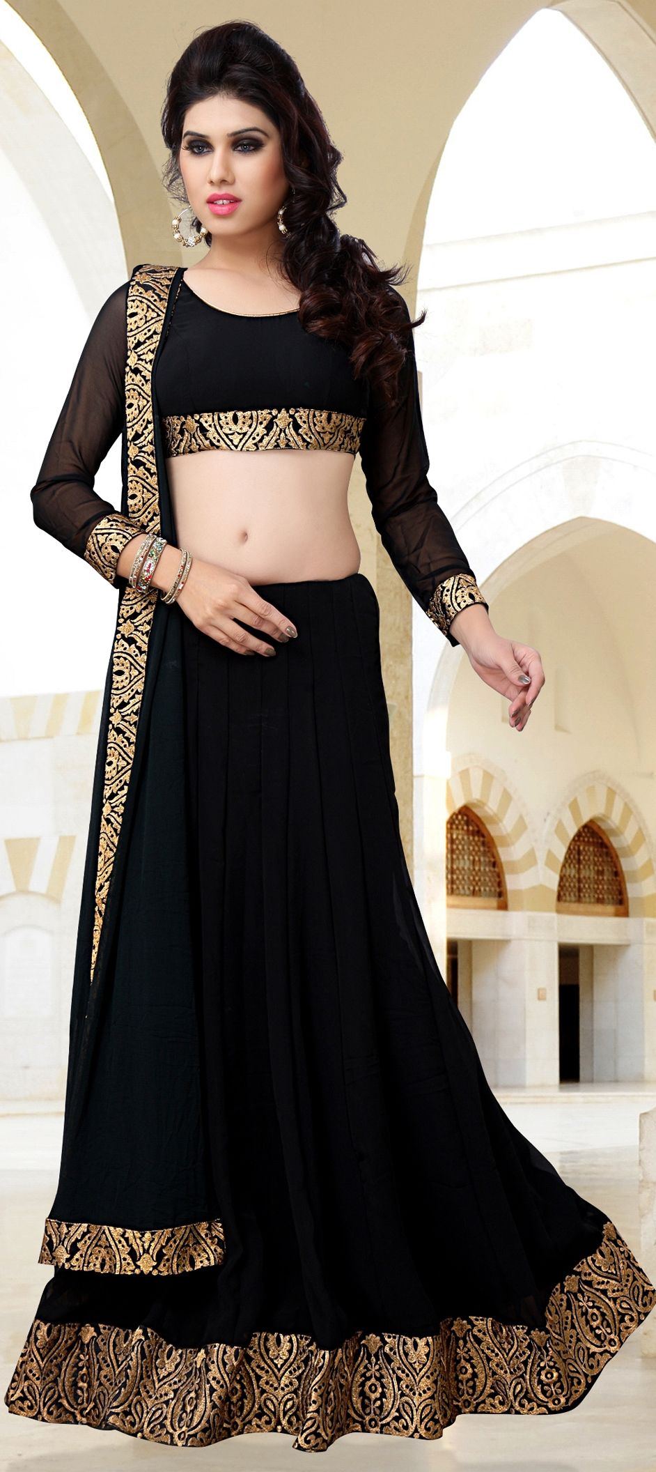 153206 Black and Grey color family Mehendi & Sangeet Lehenga