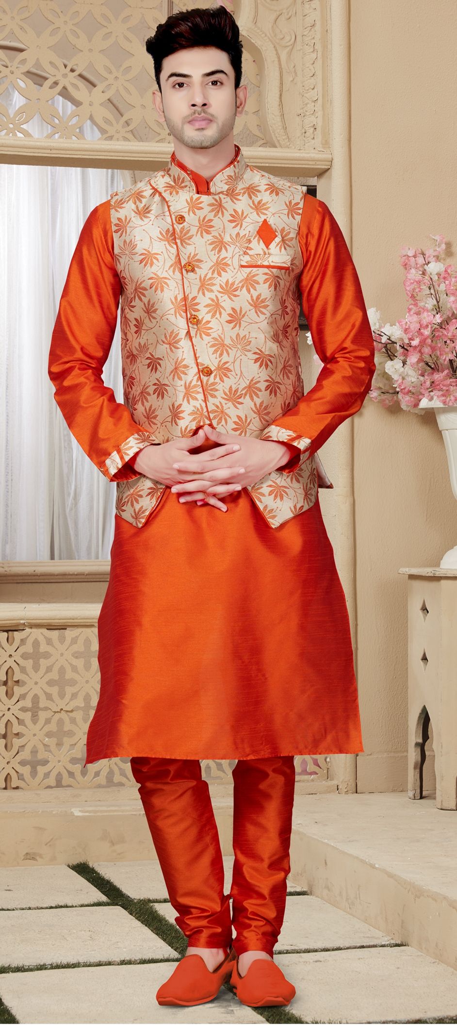 Orange color Art Dupion Silk, Jacquard fabric Kurta Pyjama with