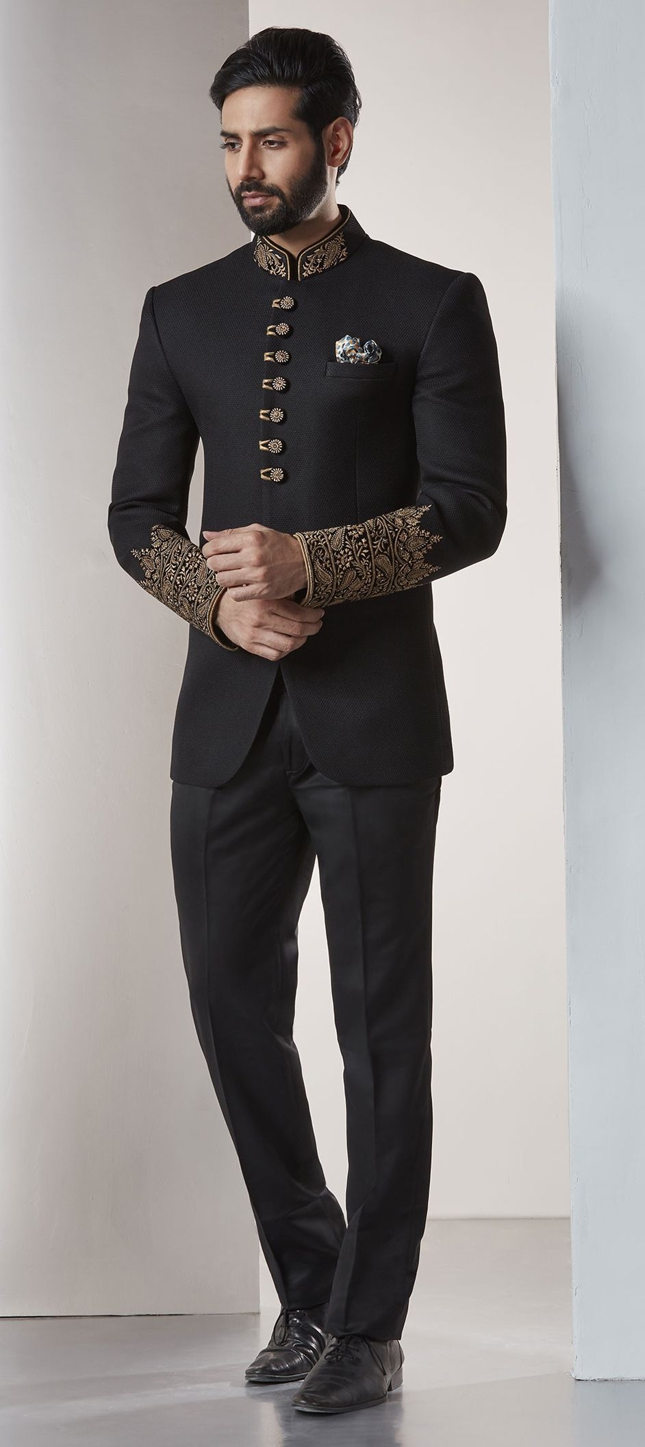 Black and Grey color Brocade fabric Jodhpuri Suit : 1532390