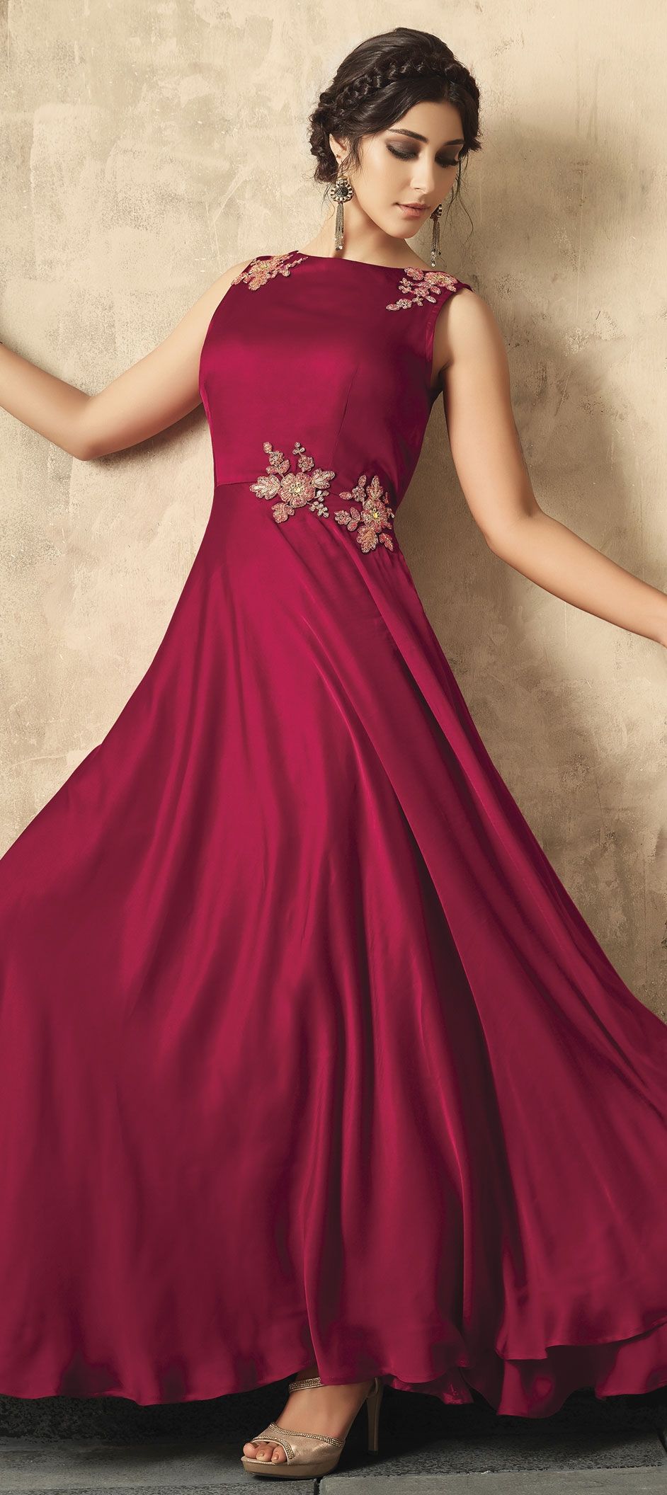 1533936: Party Wear Red and Maroon color Satin Silk fabric Gown