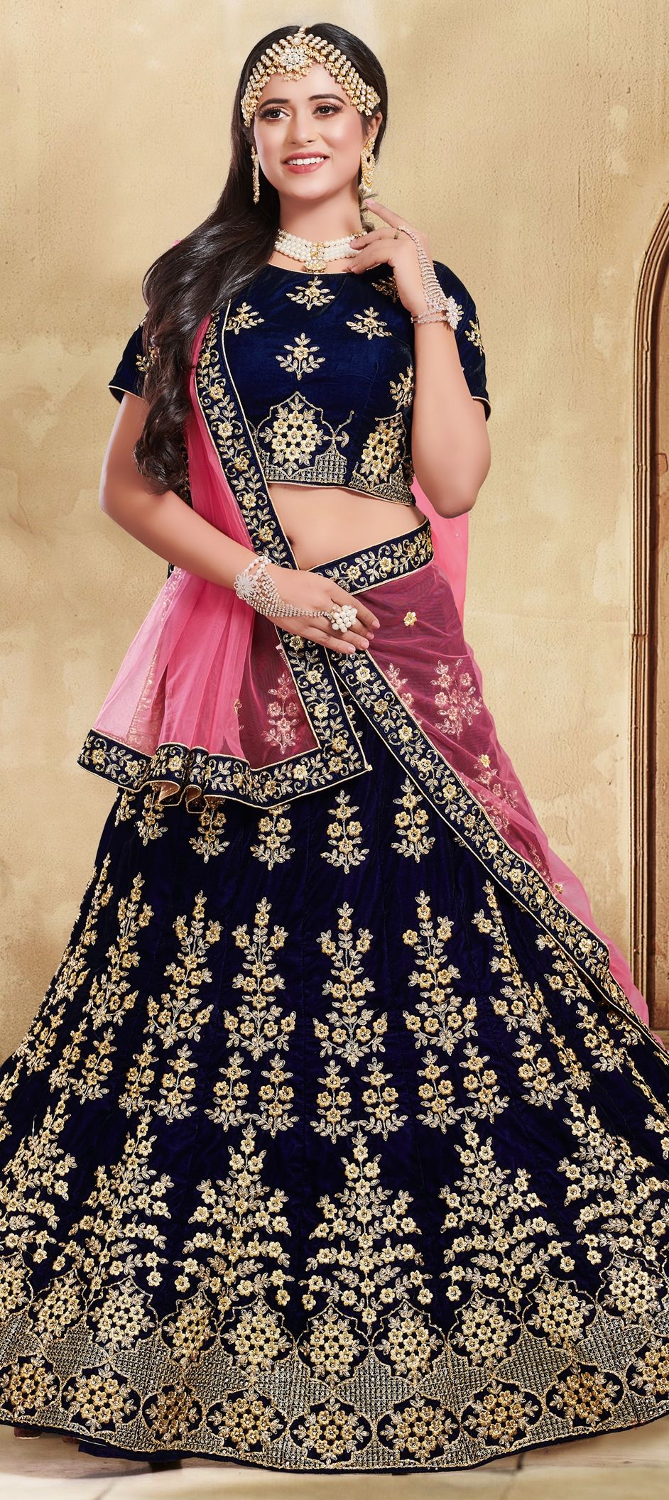 1534146 Mehendi Sangeet Blue Color Velvet Fabric Lehenga 4171