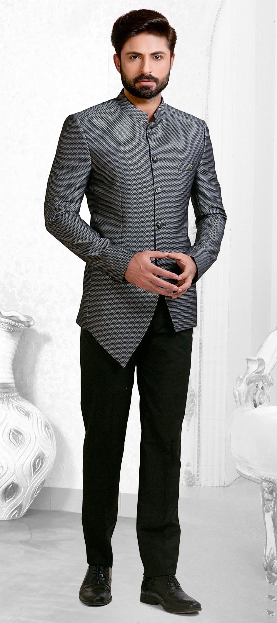 1534204: Black and Grey color Rayon fabric Jodhpuri Suit