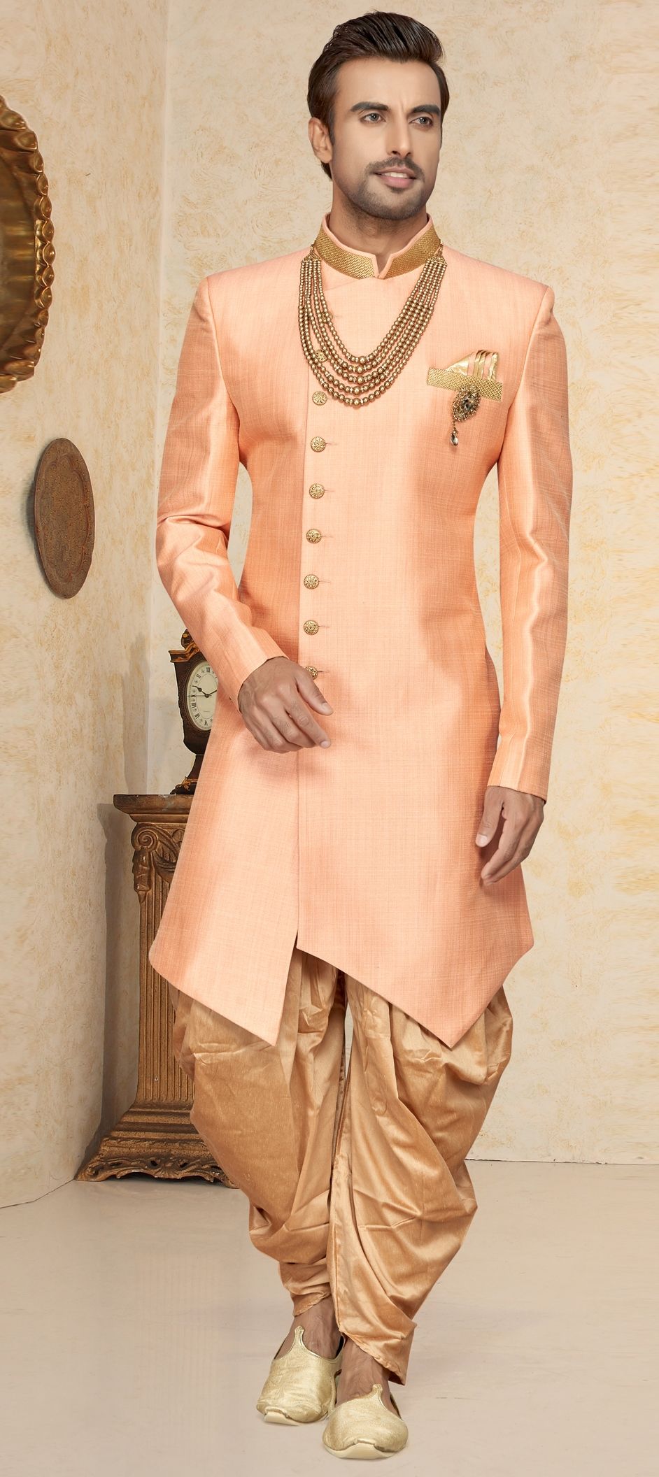 Orange Soft Silk Indowestern BellBottom Suit with Mirror Work on it