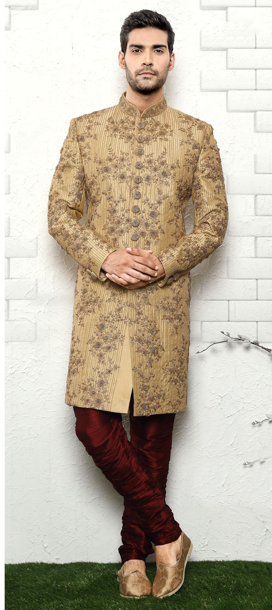 Gold Color Art Silk Fabric Sherwani 1535159 7819