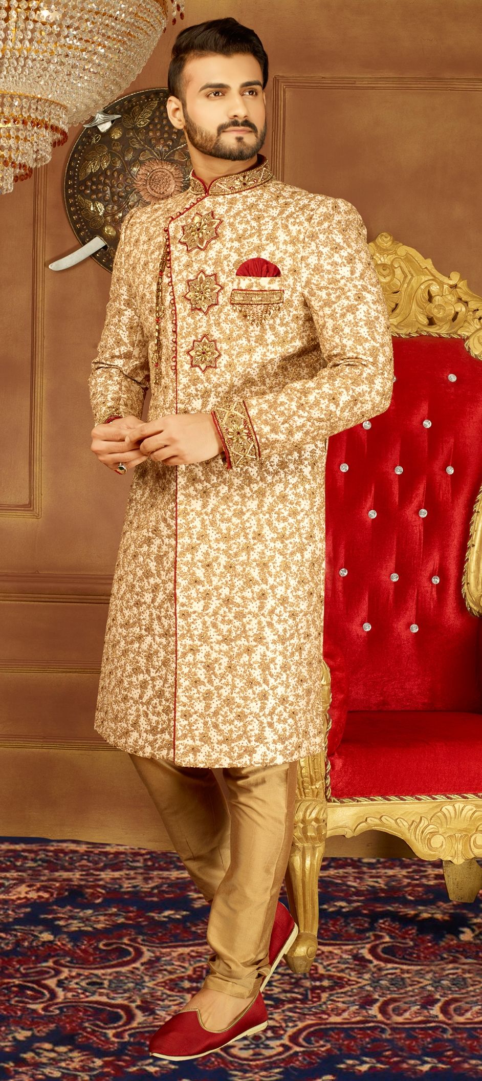 1535537 Gold Color Banarasi Silk Fabric Sherwani 6636