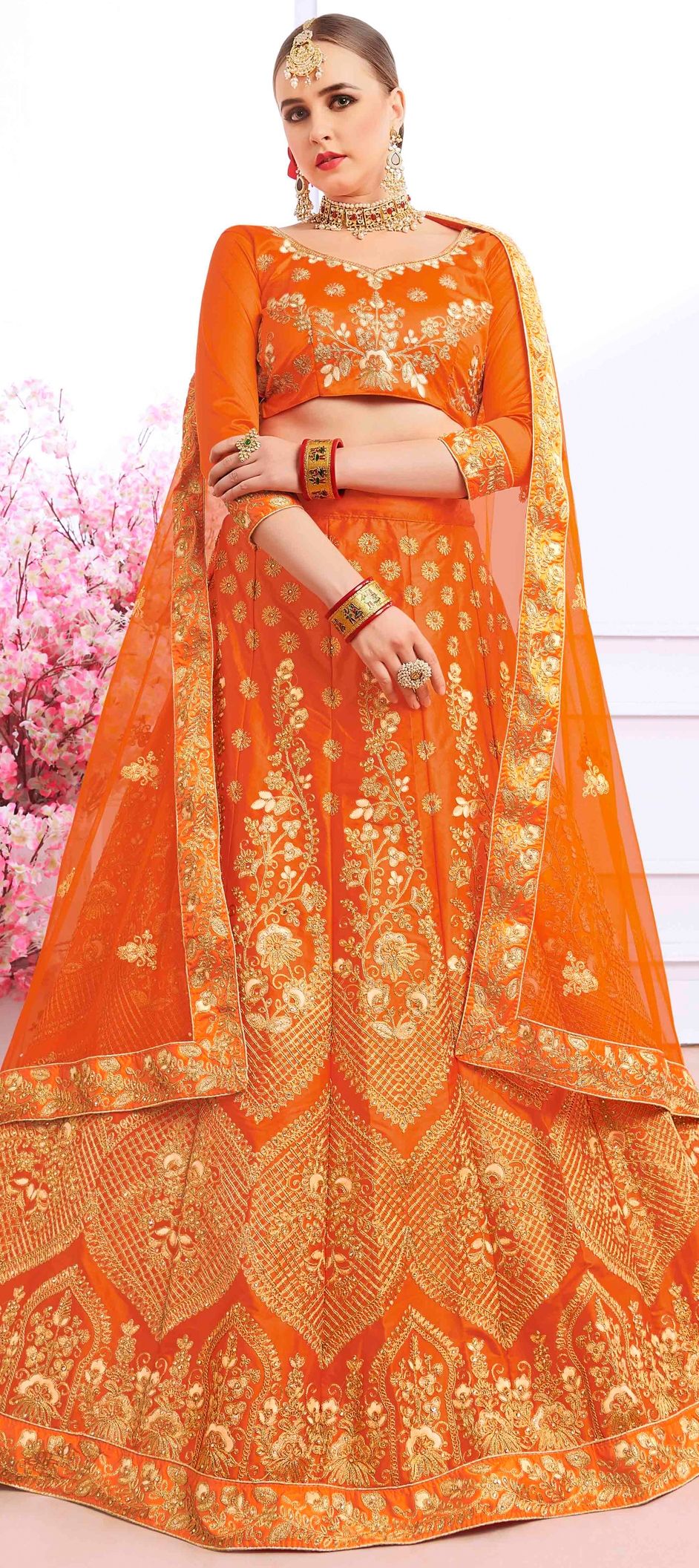 1535654 Mehendi Sangeet Orange color Silk fabric Lehenga