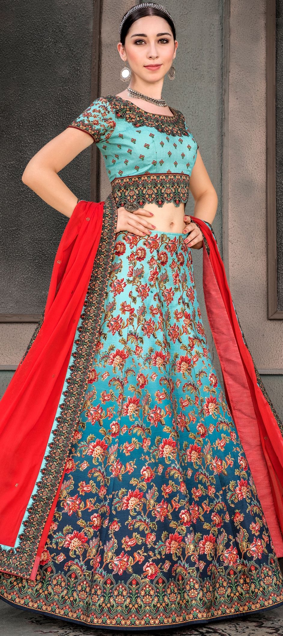 1535955 Mehendi Sangeet Multicolor Color Art Silk Fabric Lehenga 1727