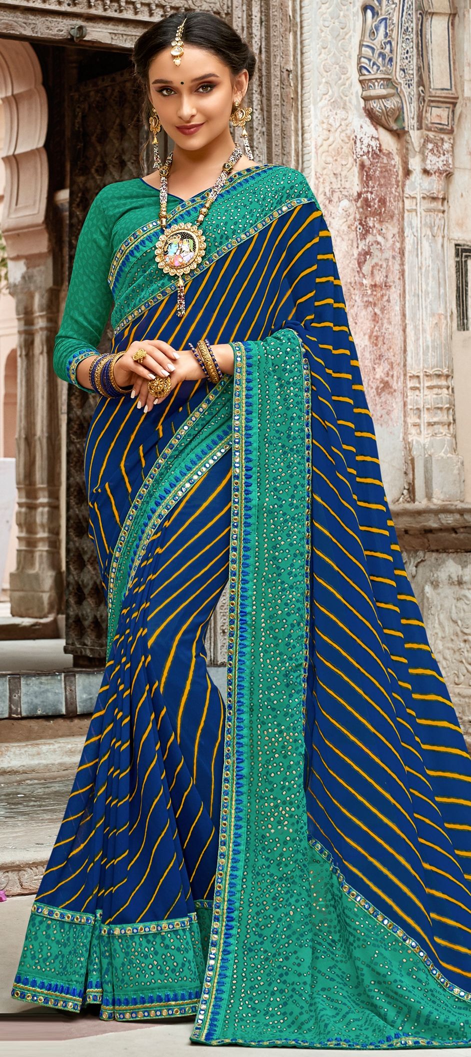 Aishwarya Rai Saree online shop, Blue georgette diwali saree, U neck blouse