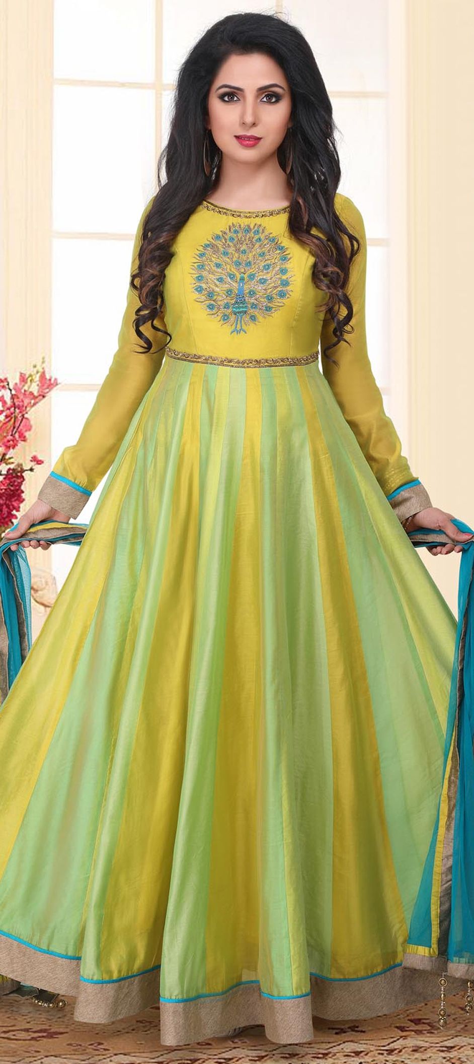 Party Wear Green, Yellow color Chanderi Silk fabric Salwar Kameez : 1536532