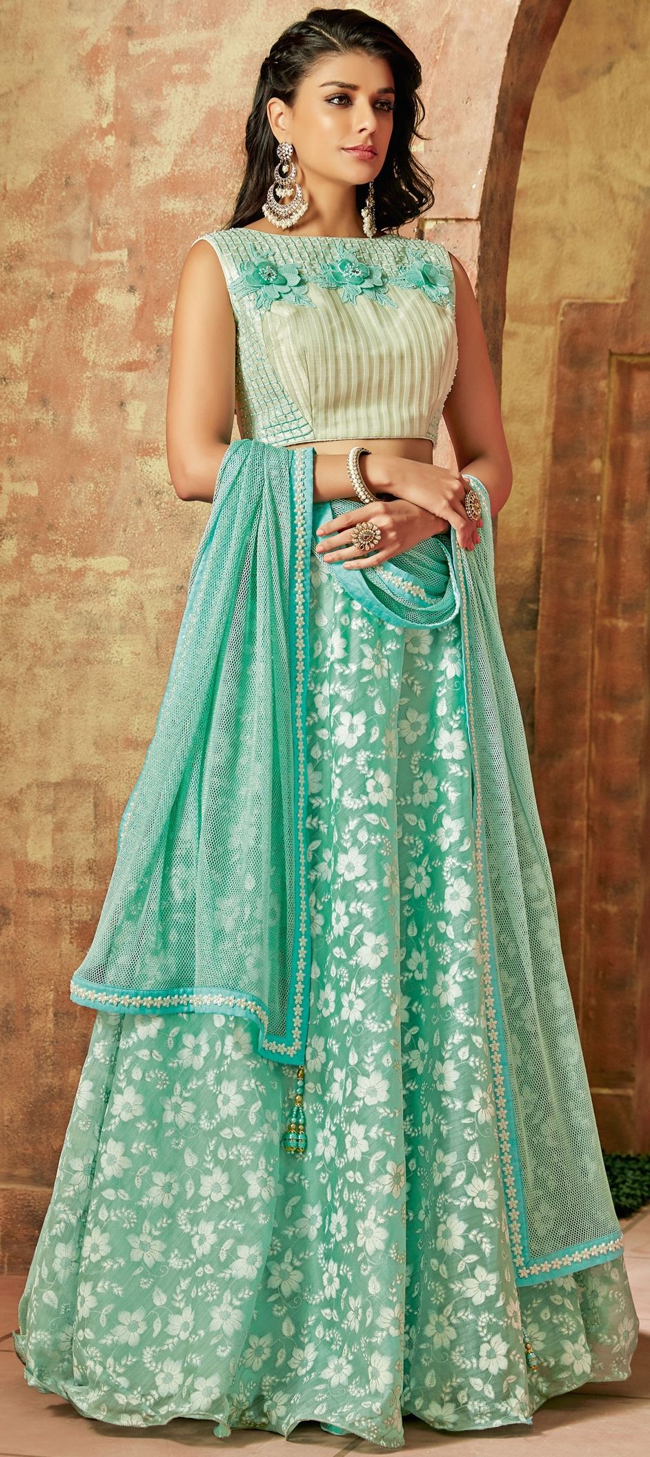 1536962: Mehendi Sangeet Blue color Tissue fabric Lehenga