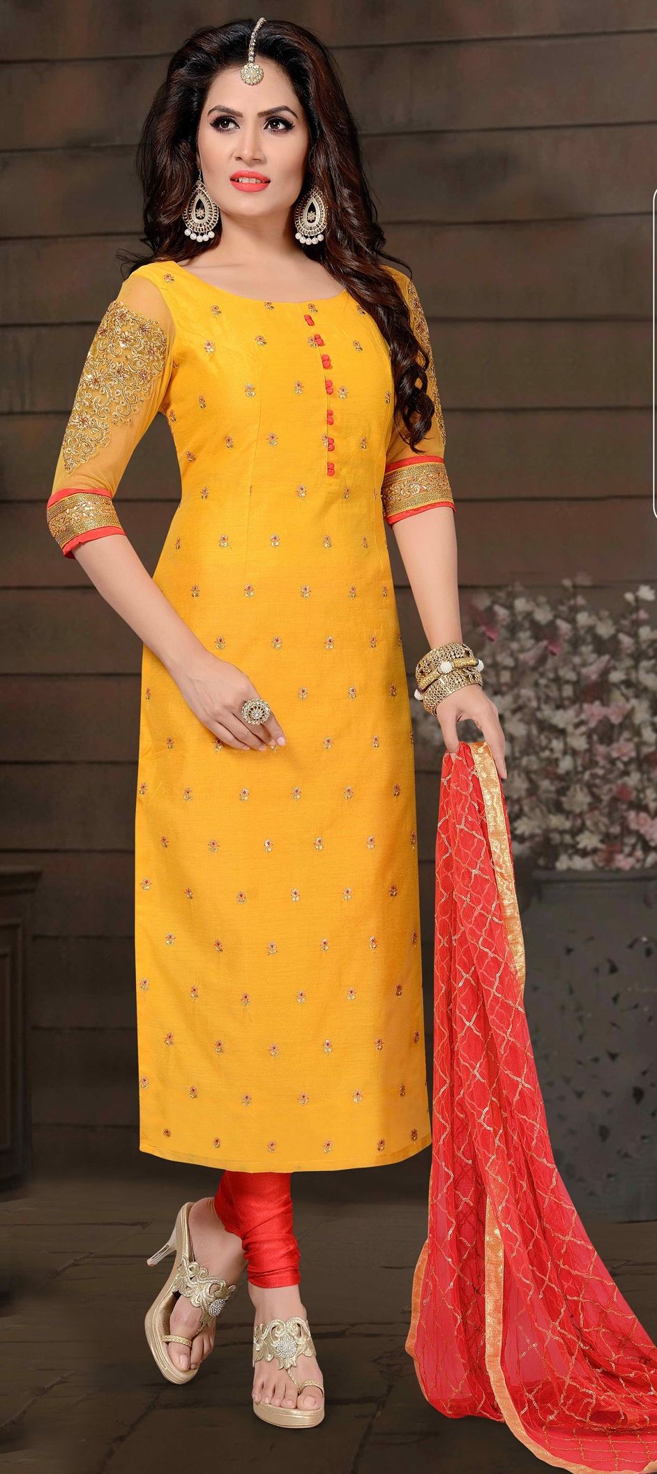 1538338: Party Wear Yellow color Chanderi Silk fabric Salwar Kameez