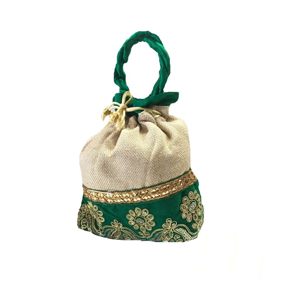 1539275 Gold, Green color Jute, Velvet fabric Potli