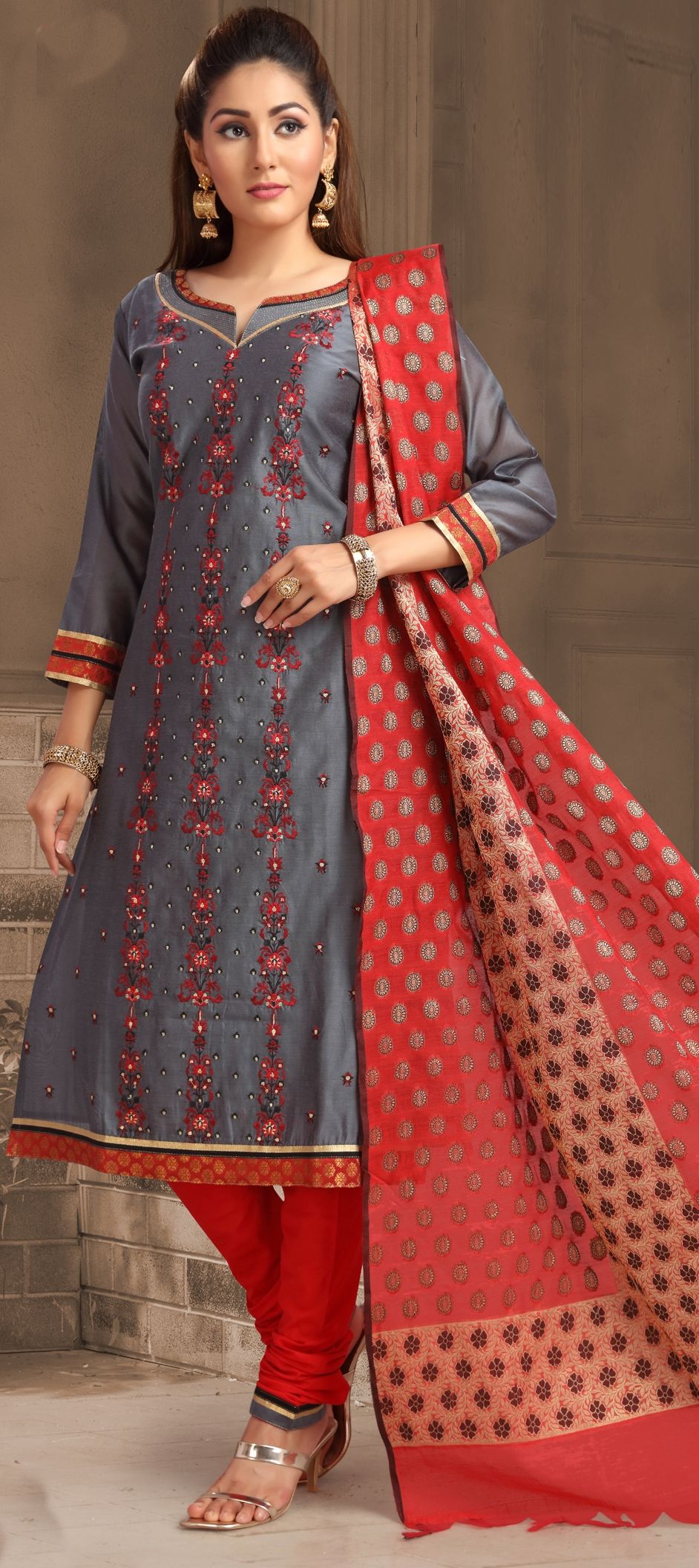 1540113 Party Wear Black and Grey color Banarasi Silk fabric Salwar Kameez